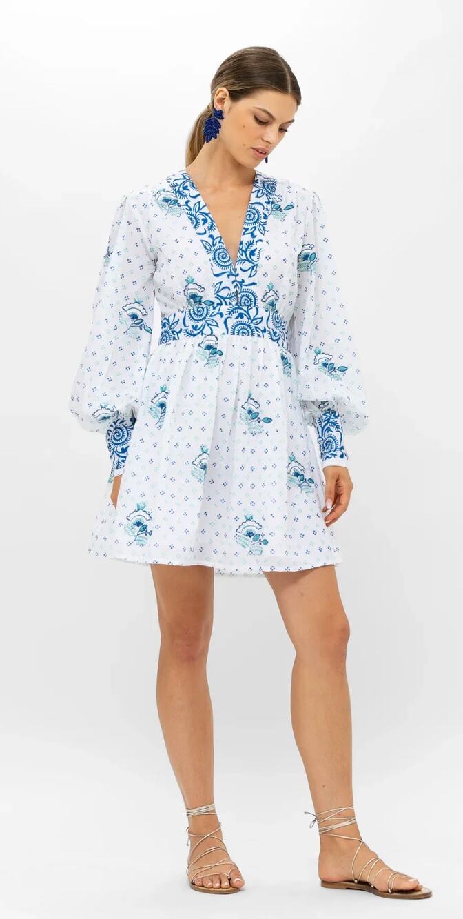OLIPHANT Tuckernuck V-Neck Shirt Waist Mini Dress Corfu Blue Long Sleeve XS